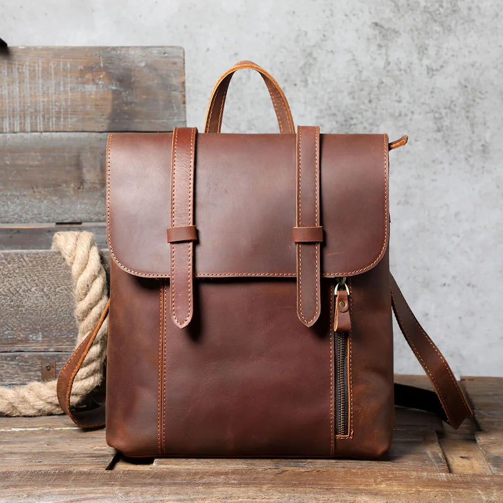 S.WORKER Vintage Genuine Leather Backpack Unisex Casual Preppy SchoolBag Crazy Horse Cowhide Leather Bag Shoulder Bag