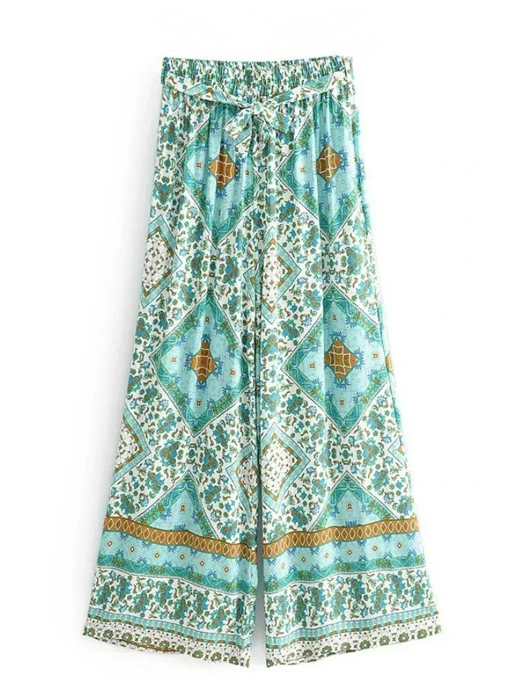 Boho Queens Women Green Floral Print Bohemian Wide Leg Pants Lady Elastic Waist Loose Rayon Boho Long Pant Oversize Trousers