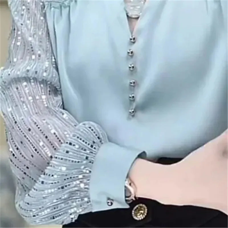 Limiguyue French Luxury Bead Blouse Autumn Design O-neck Chain Shirt for Women Long Sleeve Patchwork Pullover Tops High-end 524P