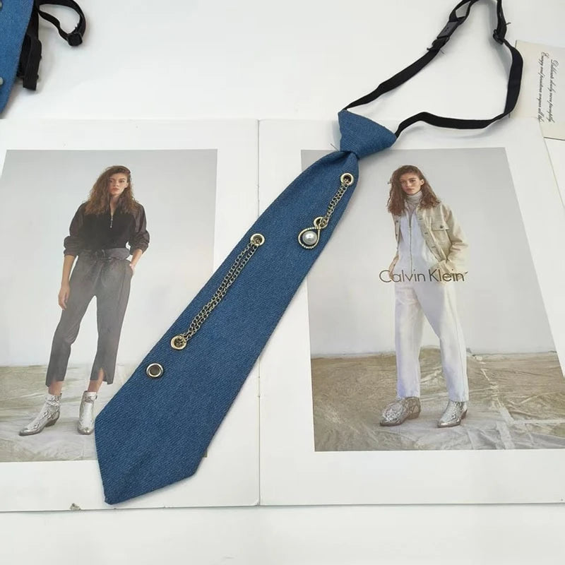 Cowboy Style Blue Necktie JK Shirt Tassel Chain Bow Tie for Men Women Fashion Wedding Cravat Jewelry Accessory