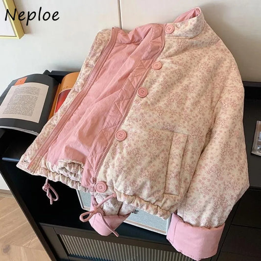 Neploe Literary Korea Gentle Print Veste Femme Stand Collar Short New Age Reduction Jacket Casual Warm Thicked Panelled Mujer