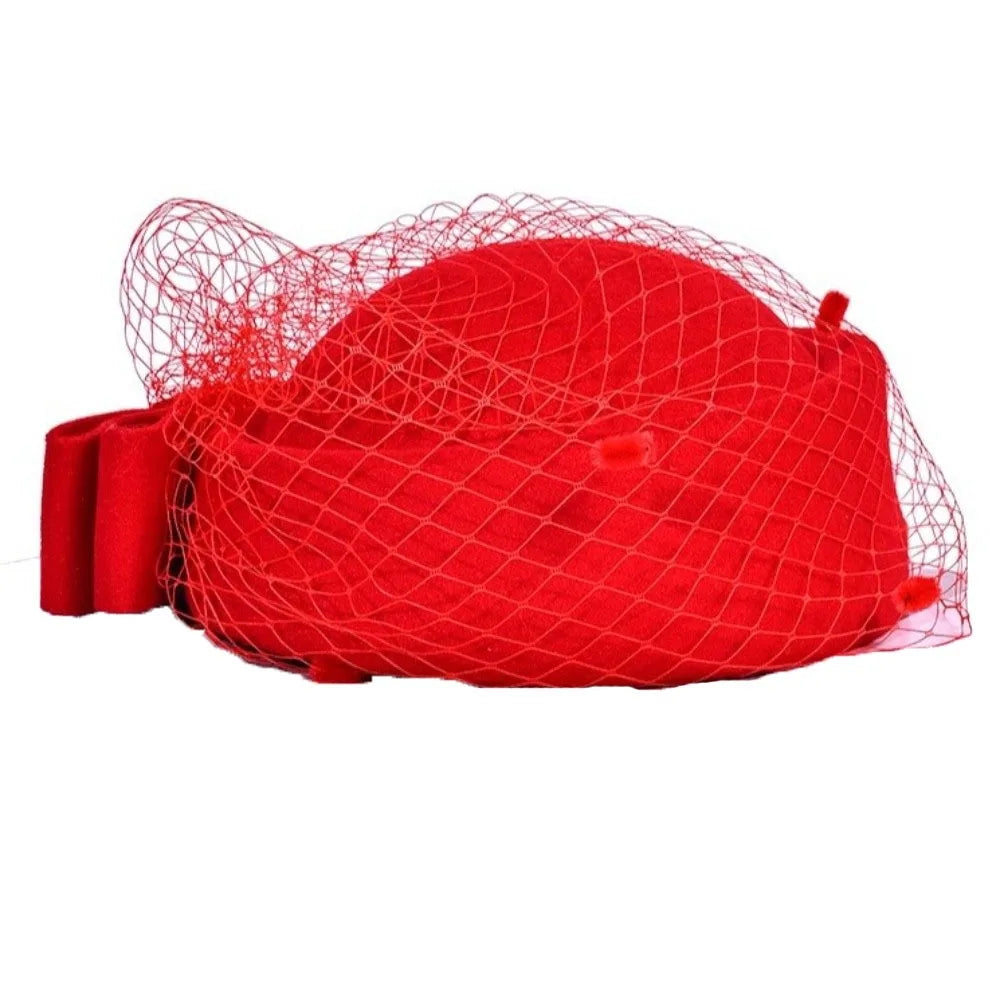 Fashion Mesh Wool Bow Hat with Veil British Style Cashmere Pillbox Hat Photography Decoration Warm Stewardess Cap Autumn Winter