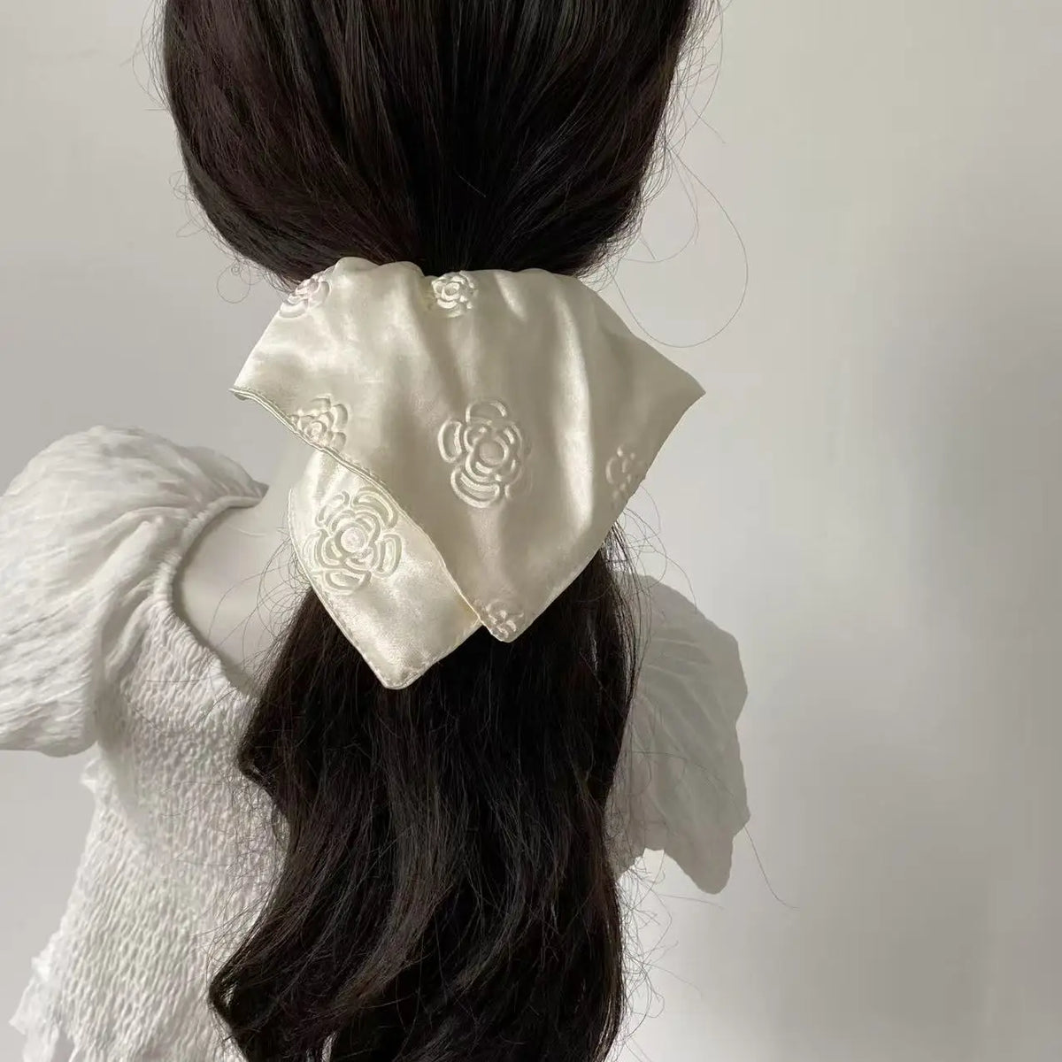 French high-end camellia cream white satin large intestine scrunchie square scarf fashion temperament women's hair accessories