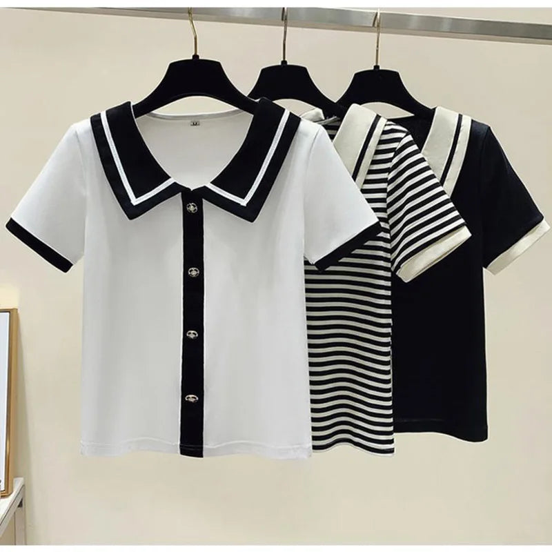 Summer Elegant Loose Polo-neck Knit Pullover Women Fashion Patchwork Button Short Sleeve T-shirt Office Lady Chic Tops 40-100Kg