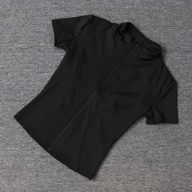 Women Zipper Yoga T-shirt Summer High Quality Waist Slimming Training Tops Workout Running Half Collar Short Sleeves Yoga Shirts
