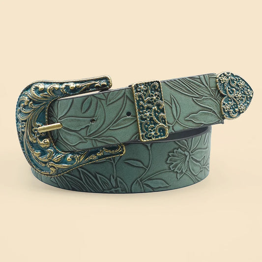 Vintage Dark Color Carved Women's Belt with Leaf Print, Versatile for Autumn and Winter Casual Belt, Daily Commuting Decoration