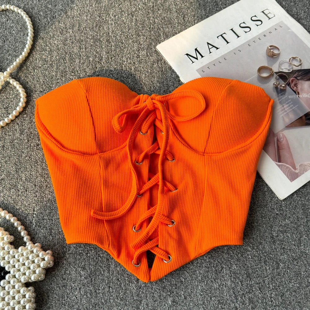 Backless Women Tank Tops New Arrival Slash Neck Build in Bra Bare Midriff Lace Up Skinny Camis Summer Vintage Gallus Dropship
