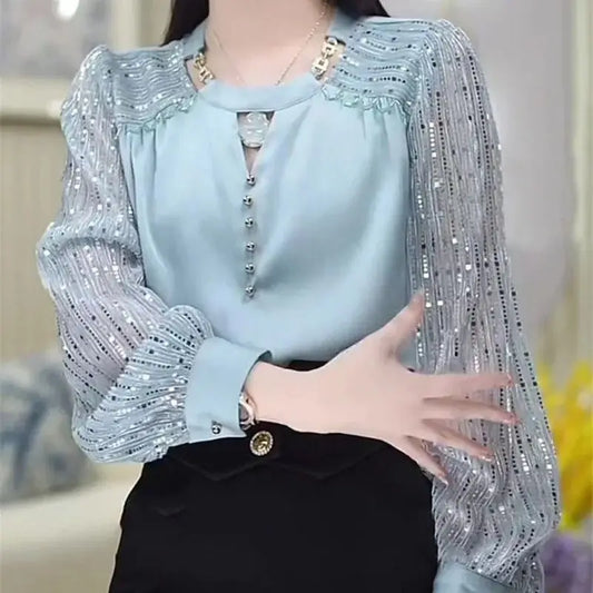 Limiguyue French Luxury Bead Blouse Autumn Design O-neck Chain Shirt for Women Long Sleeve Patchwork Pullover Tops High-end 524P