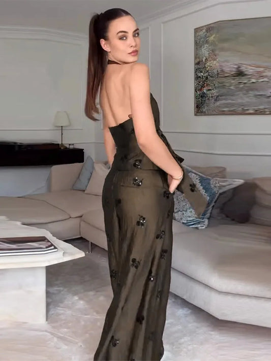 Sequins Women's Pant Sets Sexy Halter Neck Wrap Top Wide Leg Pants Two Piece Set Female 2026 Summer Woman New Vacation Outfit