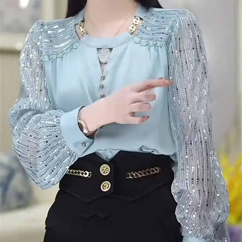 Limiguyue French Luxury Bead Blouse Autumn Design O-neck Chain Shirt for Women Long Sleeve Patchwork Pullover Tops High-end 524P