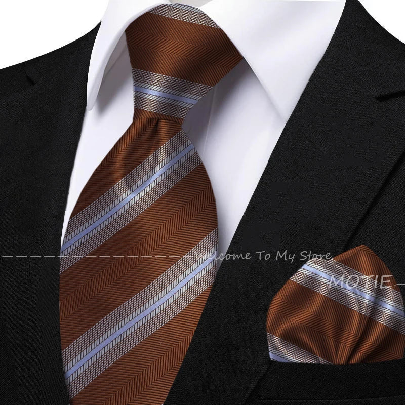 New Classic Striped Jacquard Tie Set Include Purple Polyester Pocket Square As Daily Wear Party Wedding Stylish Accessories Gift