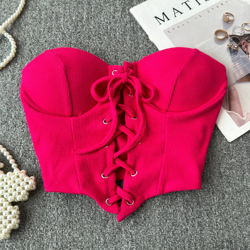 Backless Women Tank Tops New Arrival Slash Neck Build in Bra Bare Midriff Lace Up Skinny Camis Summer Vintage Gallus Dropship