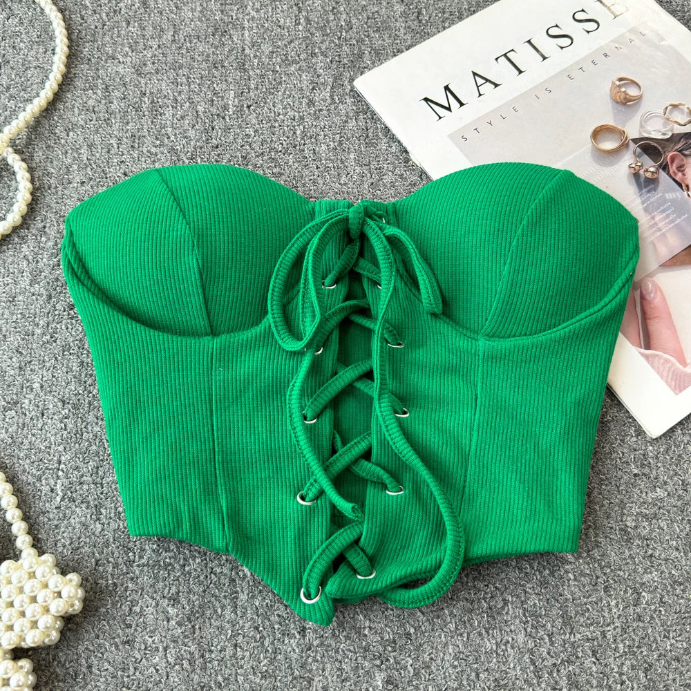 Backless Women Tank Tops New Arrival Slash Neck Build in Bra Bare Midriff Lace Up Skinny Camis Summer Vintage Gallus Dropship
