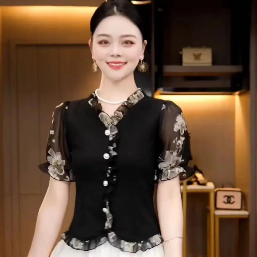 2025 Lace Splicing Contrasting Color Front Shoulder Short-sleeved Top for Women's Summer New Slim Temperament Versatile Pullover