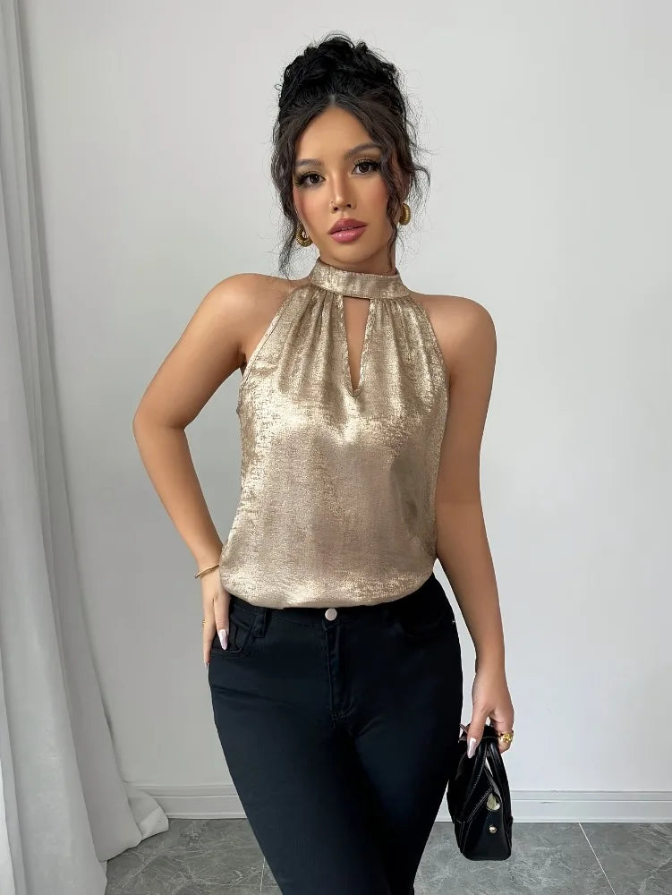Champagne Golden Shiny Glossy Halter Neck Off Shoulder Hollow Out Sleeveless Blouse Womens Sexy Elegant Spring Summer Top
