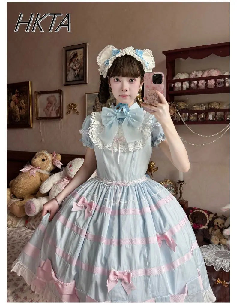 Cute Sweet Lolita Girls Shirt 2025 Summer New Bubble Short-sleeved Shirts Doll Collar Single-breasted Candy-colored Blouse Top