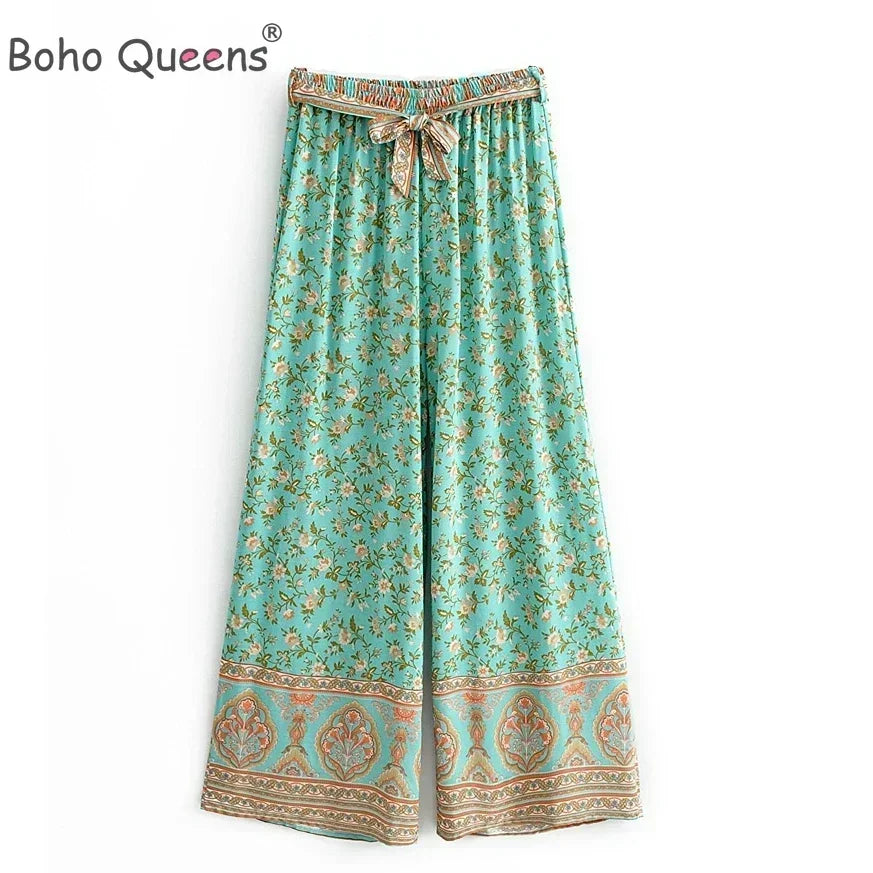 Boho Queens Women Green Floral Print Bohemian Wide Leg Pants Lady Elastic Waist Loose Rayon Boho Long Pant Oversize Trousers