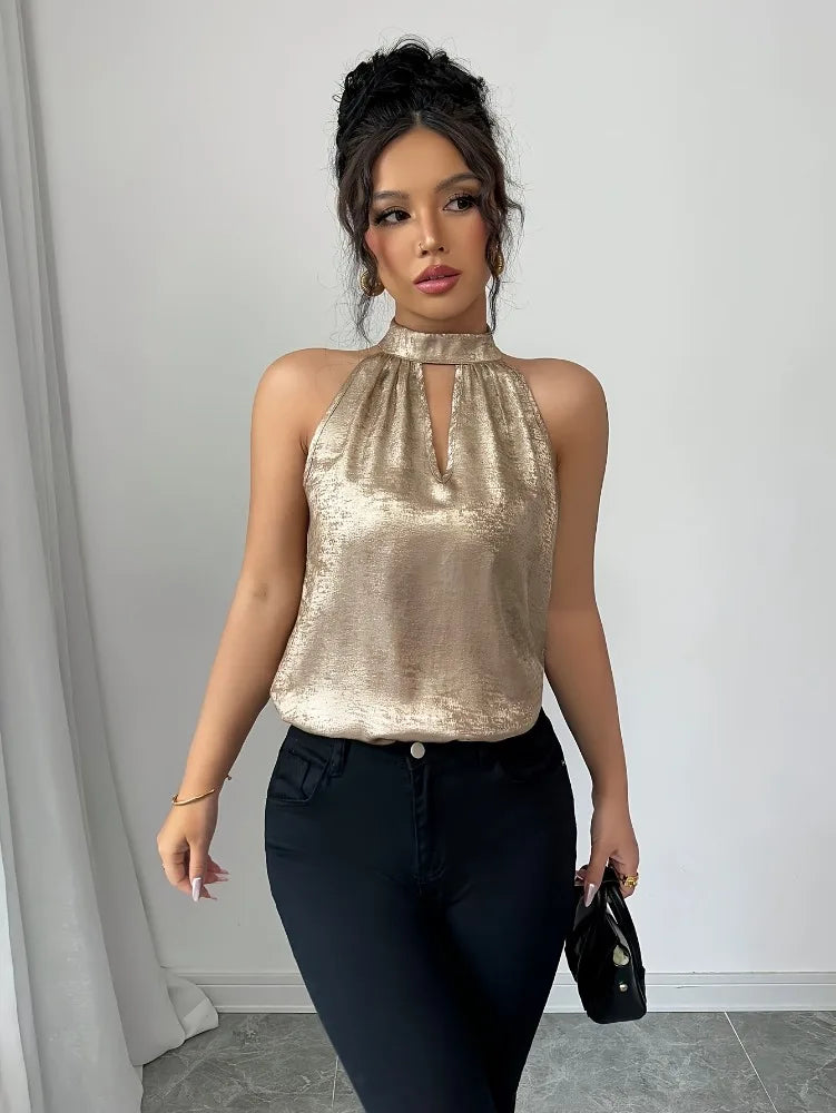 Champagne Golden Shiny Glossy Halter Neck Off Shoulder Hollow Out Sleeveless Blouse Womens Sexy Elegant Spring Summer Top