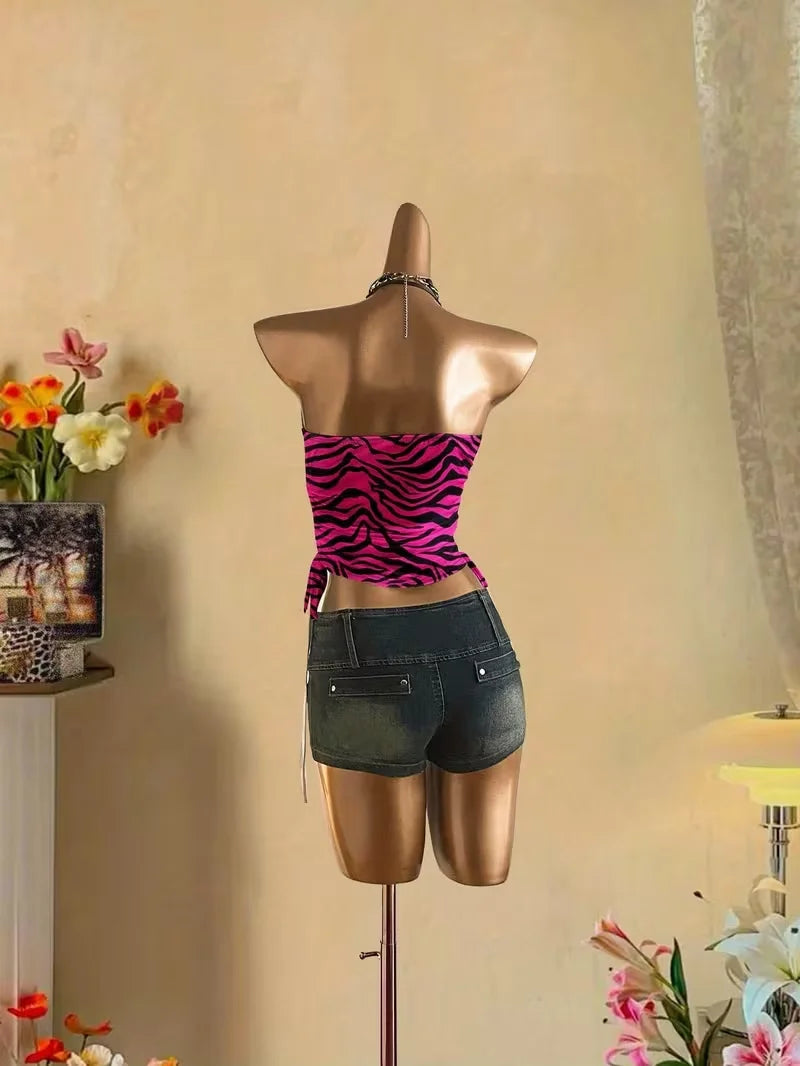 cropped top  Women's summer vacation pleated lace up leopard print vest, sleeveless zebra print top, pink zebra print top,