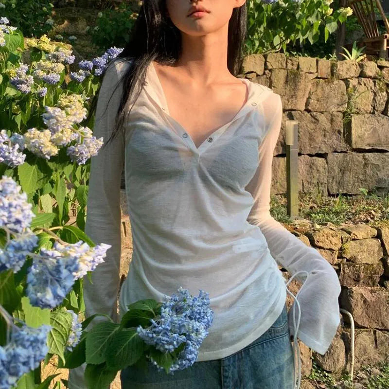Summer Thin Women's Long Sleeve Top Streetwear Y2k Sexy See Through Hooded T-shirts Drawstring Slim Sun Protection White Tees