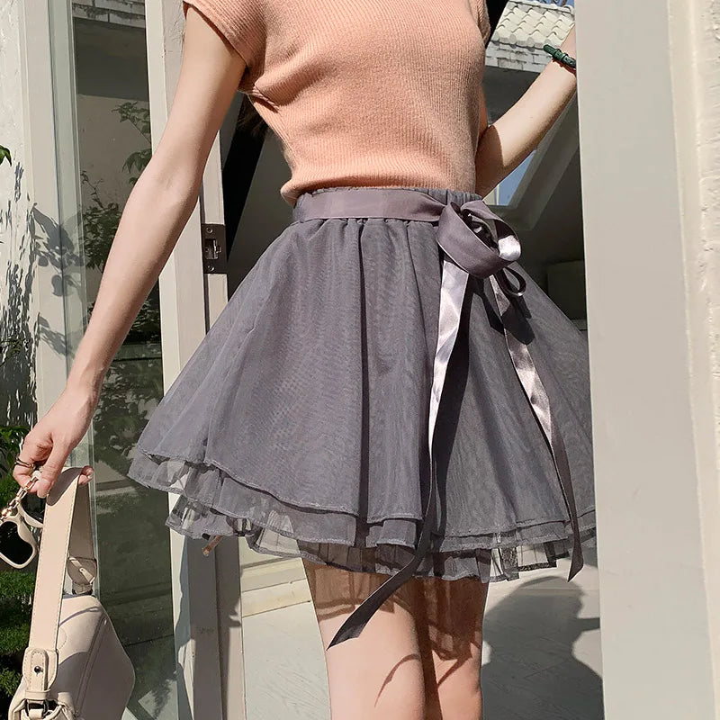 Korean Fashion Sweet Mini Skirts Women Lace Patchwork A-line Elastic High Waist Mesh Skirt with Shorts Faldas Ajustadas Dropship