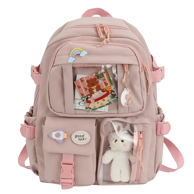 Buckle Badge School Backpack Candy Color Fashion Cute Schoolbag Korean Style Shoulder Student Bag Teenage Girls College Backpack