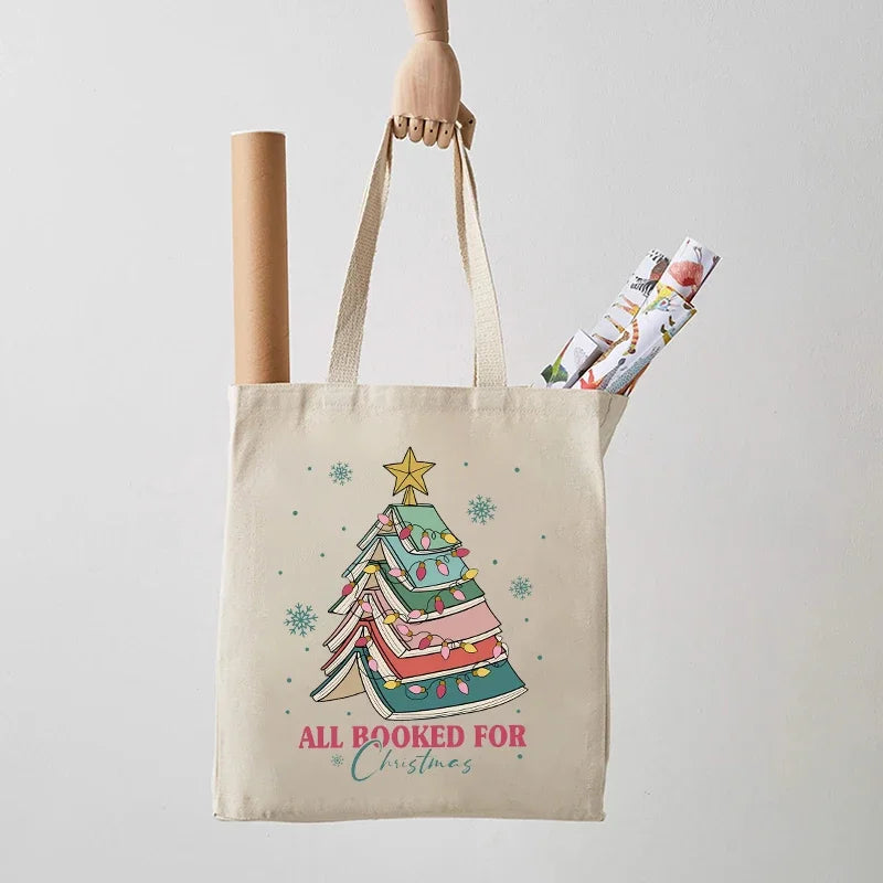 Christmas Book Tree Pattern Canvas Tote Bag Christmas Gift for Teacher Book Lovers Christmas Gift Large Capacity Shopping Bag