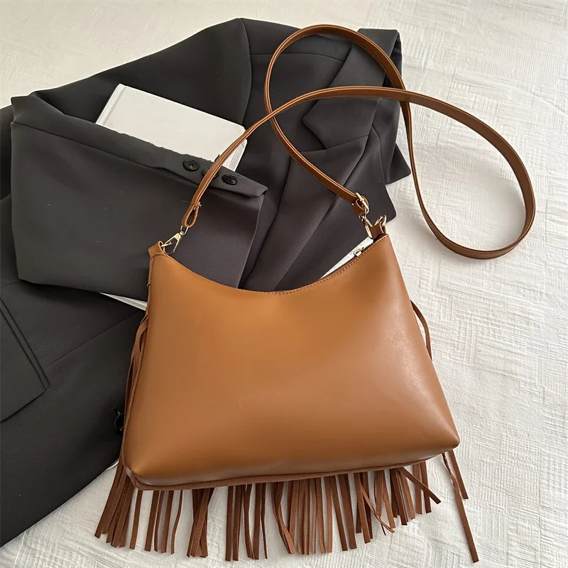 Women'S Vintage Tassel Suede Crossbody Bag, Adjustable Strap, Zipper Closure, Detachable Strap, Synthetic Shoulder Bag, Purses