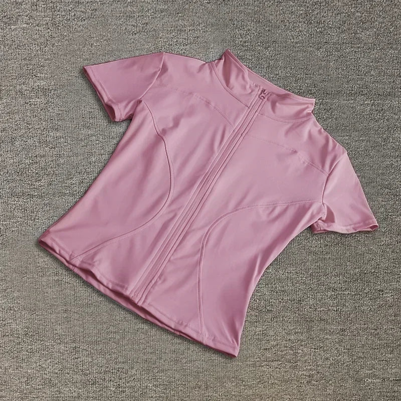 Women Zipper Yoga T-shirt Summer High Quality Waist Slimming Training Tops Workout Running Half Collar Short Sleeves Yoga Shirts