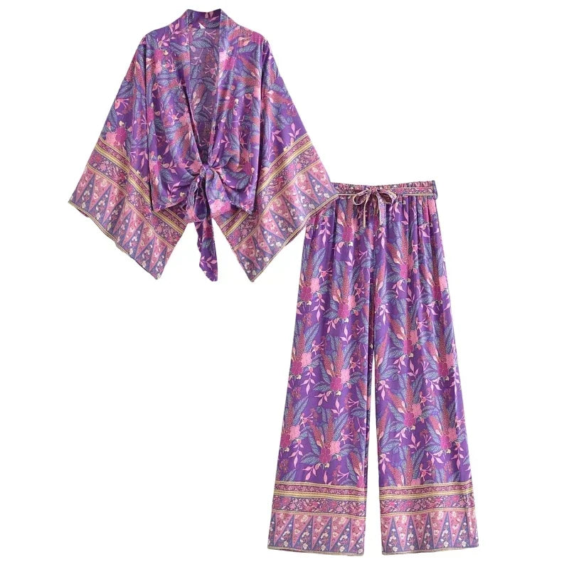 Boho Queens Women Purple Floral Print Outfits Short Kimono Robe Bohemian Suits Wide Leg Pants 2 Pieces Rayon Boho Sets Swimsuit