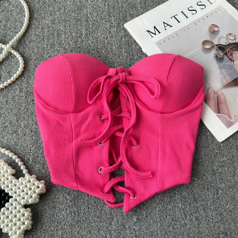 Backless Women Tank Tops New Arrival Slash Neck Build in Bra Bare Midriff Lace Up Skinny Camis Summer Vintage Gallus Dropship