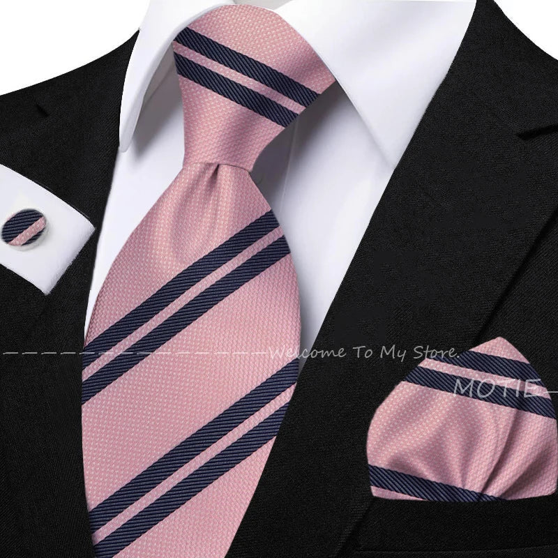 New Classic Striped Jacquard Tie Set Include Purple Polyester Pocket Square As Daily Wear Party Wedding Stylish Accessories Gift