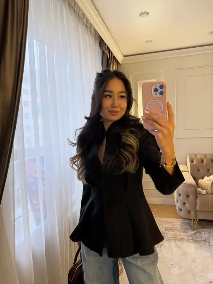 Elegant Waist Cinching Short Pleated Jackets Women Chic Stand Collar Double Buttons A-line Coat 2026 Spring Lady Commute Jacket
