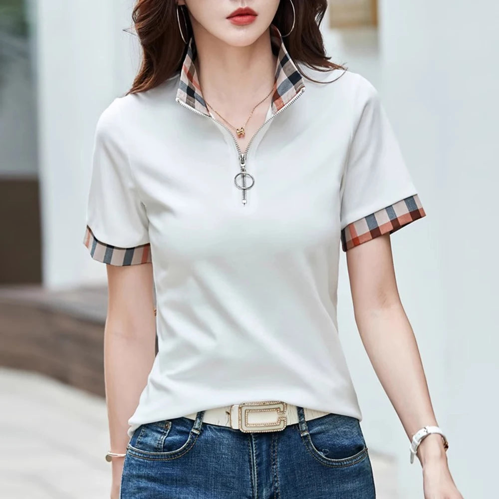 European Station Polo Collar Checkered Short sleeved T-shirt Women's Summer New Fashion Light Luxury Loose Pure Cotton Top
