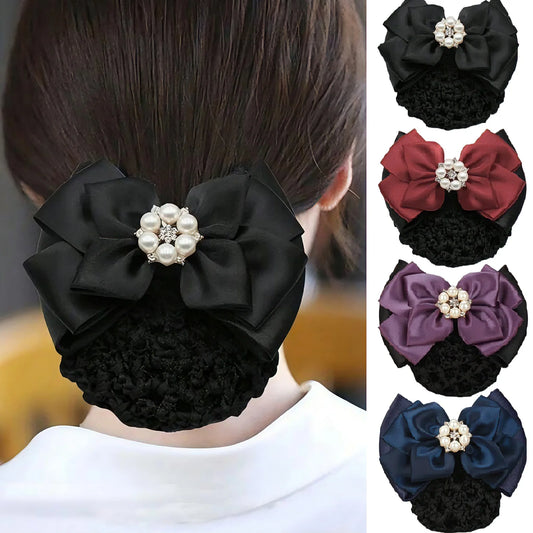 1pc Fashion Pearl Bow Spring Hair Clip Hair Net Nurse Stewardess Professional Headwear Hotel Bank Women Headdress Barrettes
