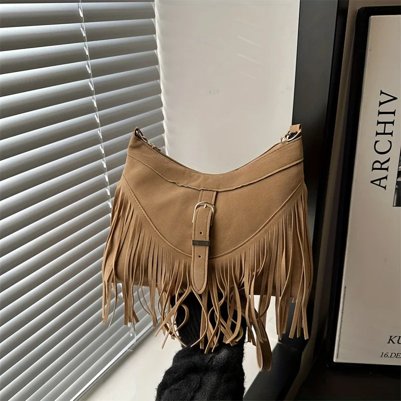 Women'S Vintage Tassel Suede Crossbody Bag, Adjustable Strap, Zipper Closure, Detachable Strap, Synthetic Shoulder Bag, Purses