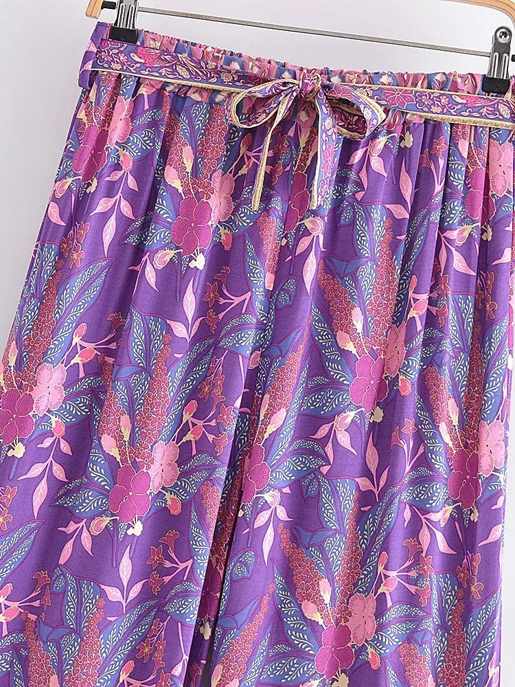 Boho Queens Women Purple Floral Print Outfits Short Kimono Robe Bohemian Suits Wide Leg Pants 2 Pieces Rayon Boho Sets Swimsuit