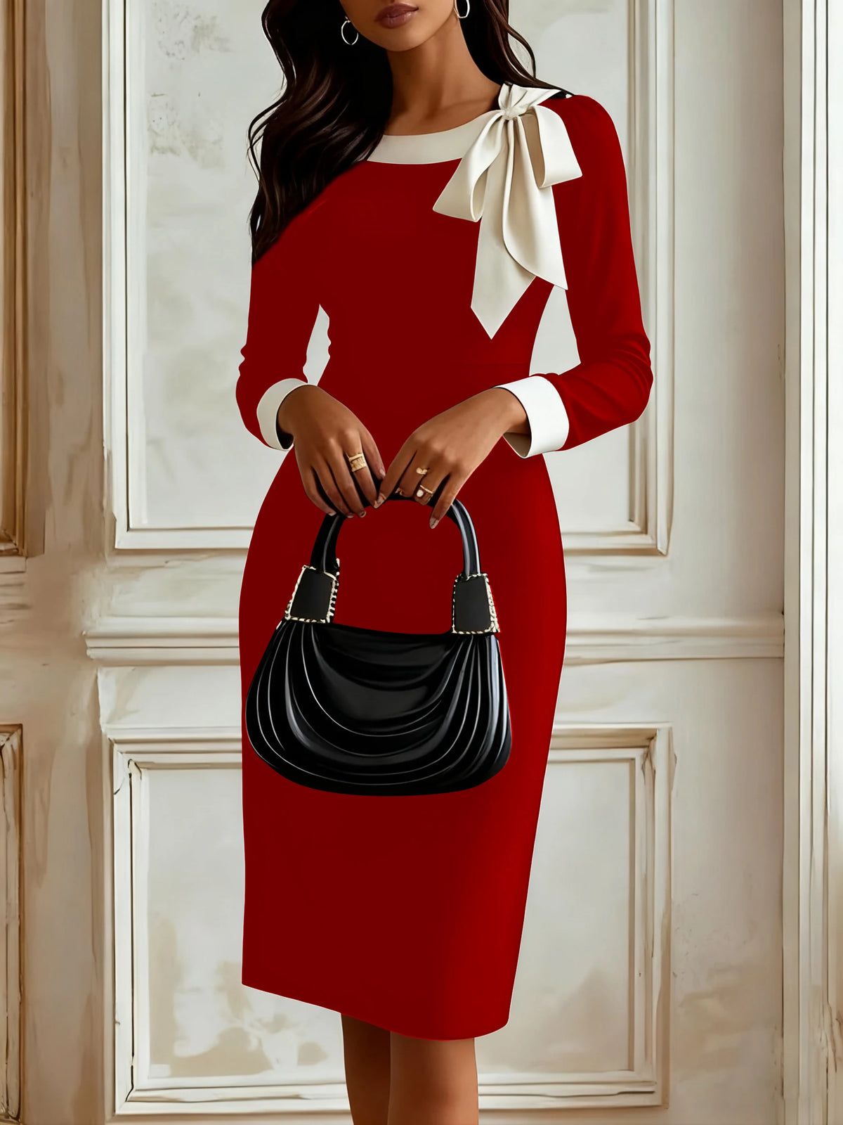 Autumn Professional Elegance Goddess Style Bow Tie Tailored Color-blocked Career Dress for Women