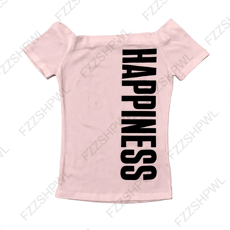 Gothic Punk Aesthetic Women's Y2K Crop Top Sexy Slim Chic Boat Neck Short Sleeve Print T-shirt Rock Hip Hop Emo Girls Streetwear