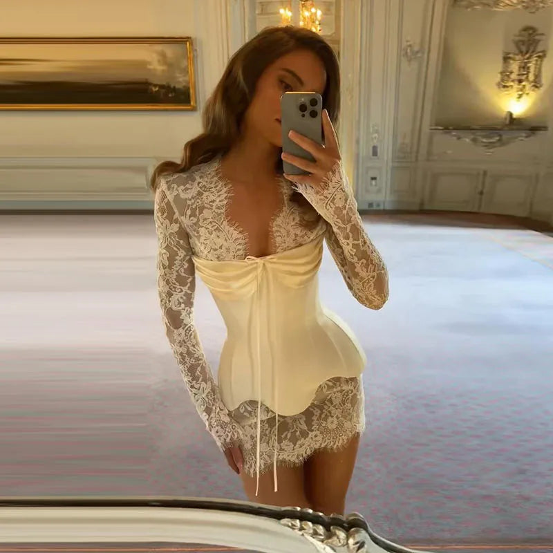 Women's Lace Sleeves Corset Mini Dress Deep V-Neck Sheer Romantic Evening Dress Elegant Party Wear Female Clothing Summer Suit