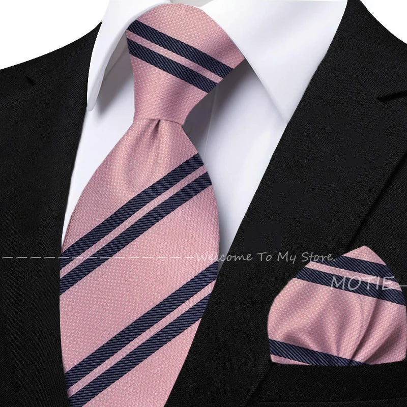 New Classic Striped Jacquard Tie Set Include Purple Polyester Pocket Square As Daily Wear Party Wedding Stylish Accessories Gift