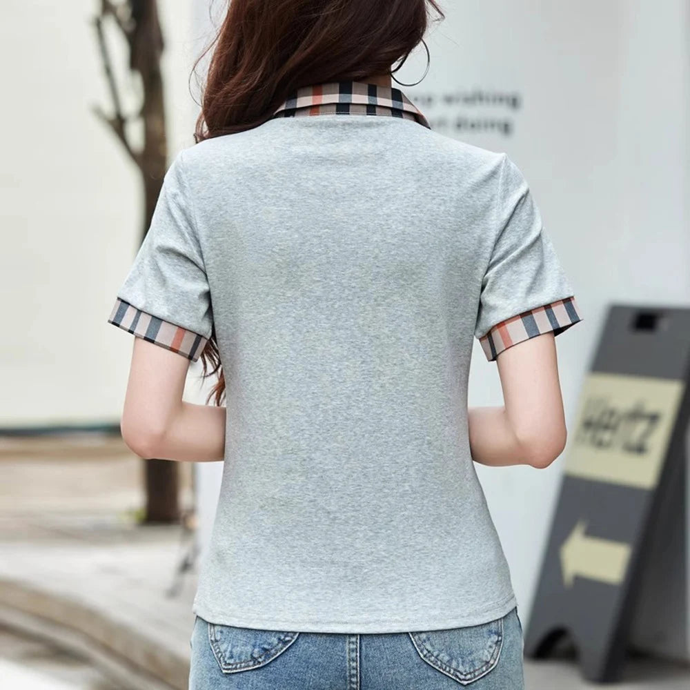 European Station Polo Collar Checkered Short sleeved T-shirt Women's Summer New Fashion Light Luxury Loose Pure Cotton Top