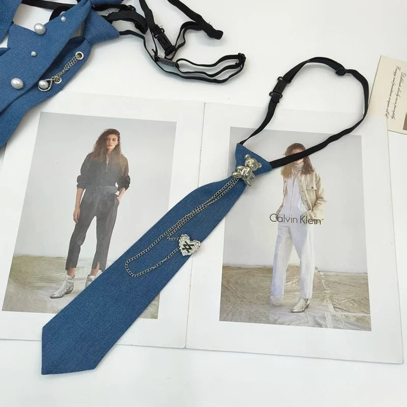 Cowboy Style Blue Necktie JK Shirt Tassel Chain Bow Tie for Men Women Fashion Wedding Cravat Jewelry Accessory