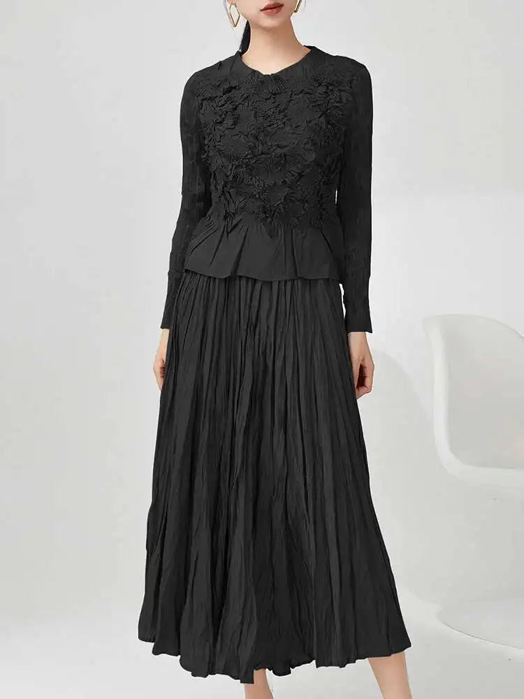 GVUW Pleated 2 Pieces Set Niche Design Women Full Sleeve Tops + A Line Skirt Loose Solid Color New 2025 Lady Sets 17G8434