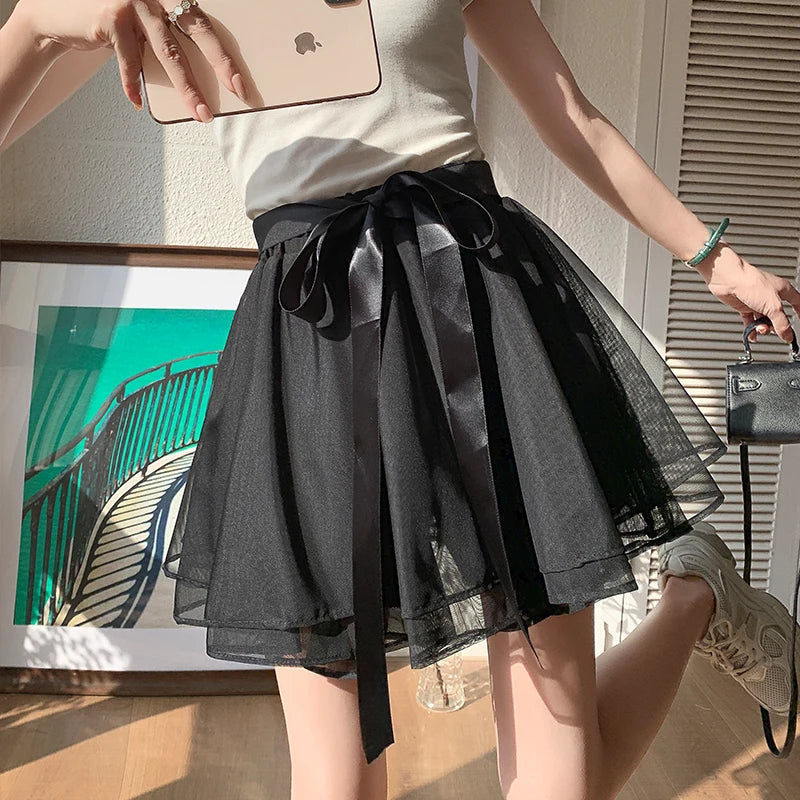 Korean Fashion Sweet Mini Skirts Women Lace Patchwork A-line Elastic High Waist Mesh Skirt with Shorts Faldas Ajustadas Dropship