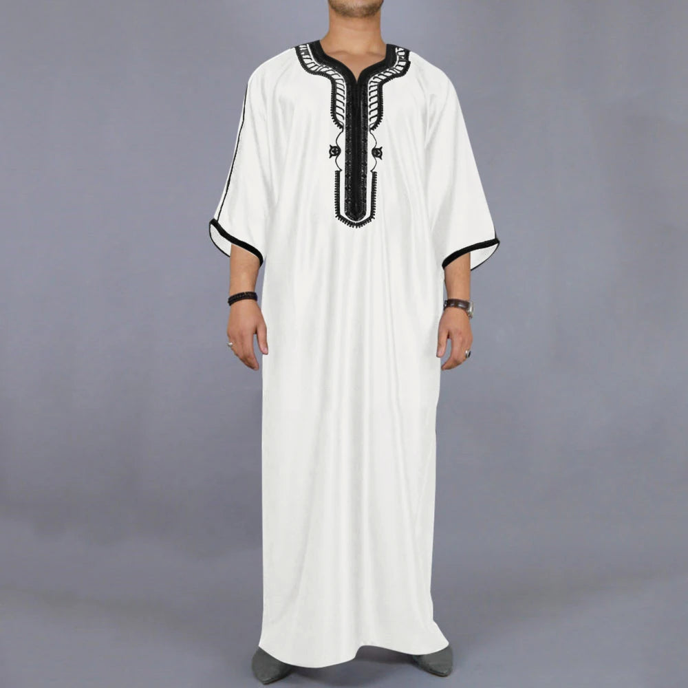 Men's Islamic Loose Abaya Short Sleeve Embroidered Moroccan Arabic Style Traditional Muslim Clothing for Men