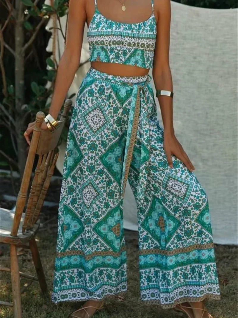 Boho Queens Women Green Floral Print Bohemian Wide Leg Pants Lady Elastic Waist Loose Rayon Boho Long Pant Oversize Trousers