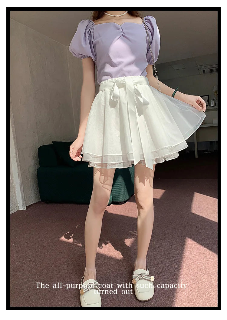 Korean Fashion Sweet Mini Skirts Women Lace Patchwork A-line Elastic High Waist Mesh Skirt with Shorts Faldas Ajustadas Dropship