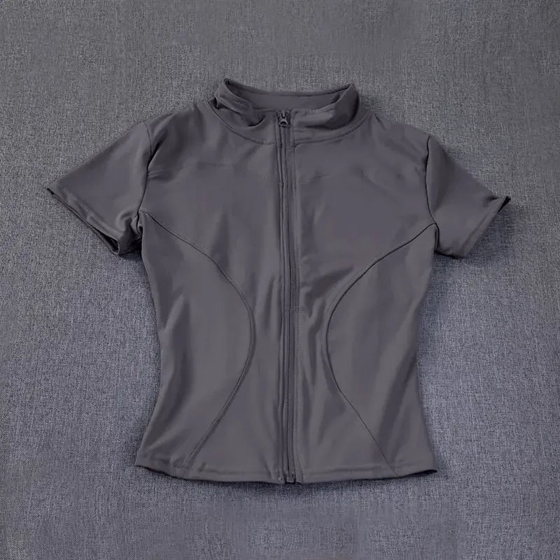 Women Zipper Yoga T-shirt Summer High Quality Waist Slimming Training Tops Workout Running Half Collar Short Sleeves Yoga Shirts