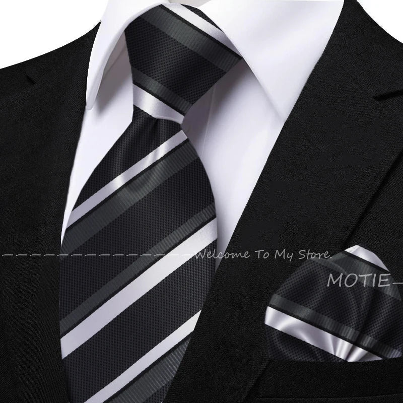 New Classic Striped Jacquard Tie Set Include Purple Polyester Pocket Square As Daily Wear Party Wedding Stylish Accessories Gift